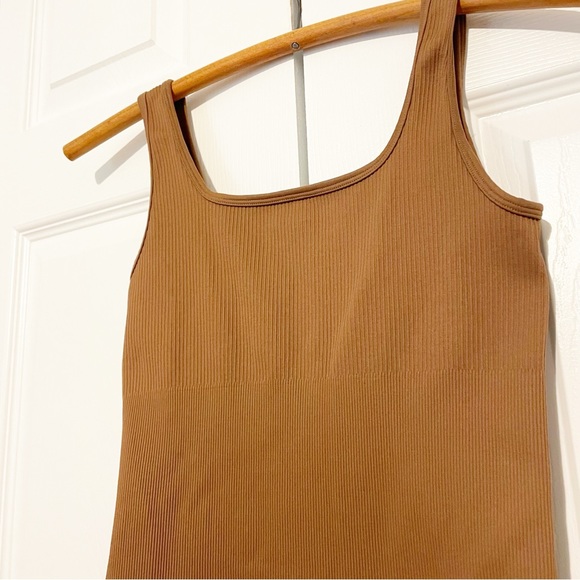 OQQ Brown Ribbed Romper Bodysuit Unitard Small Square Neck Sleeveless TikTok - Picture 2 of 5